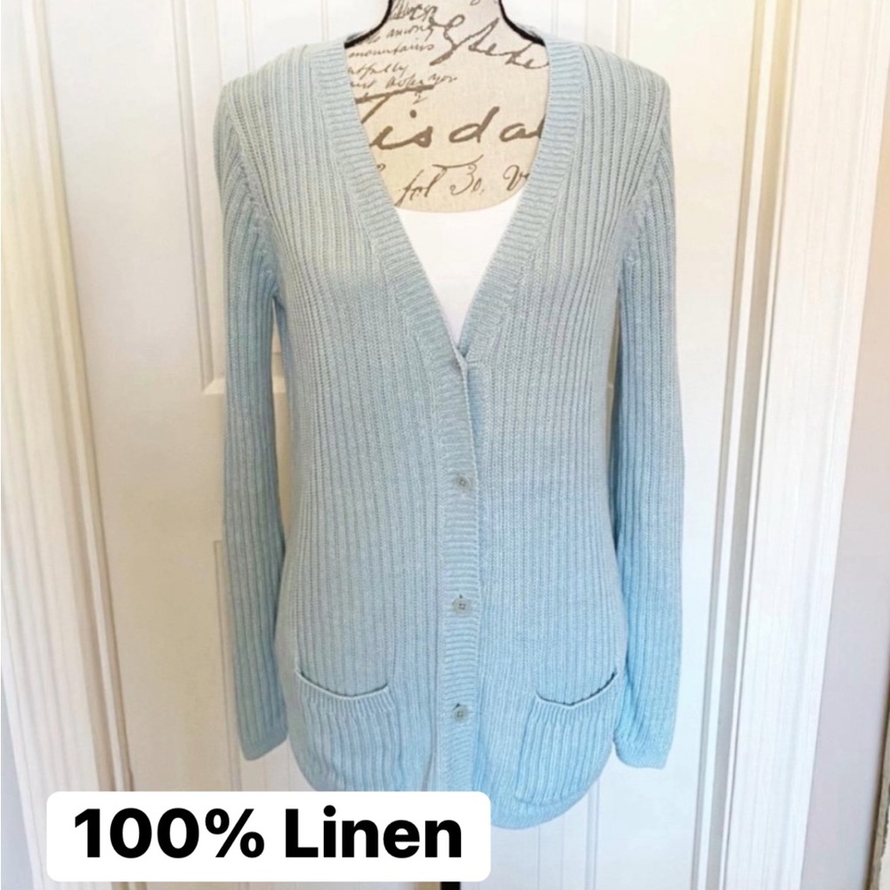 100% Linen TALBOTS Light Blue Women's Sweater With Functional Pockets LIKE NEW